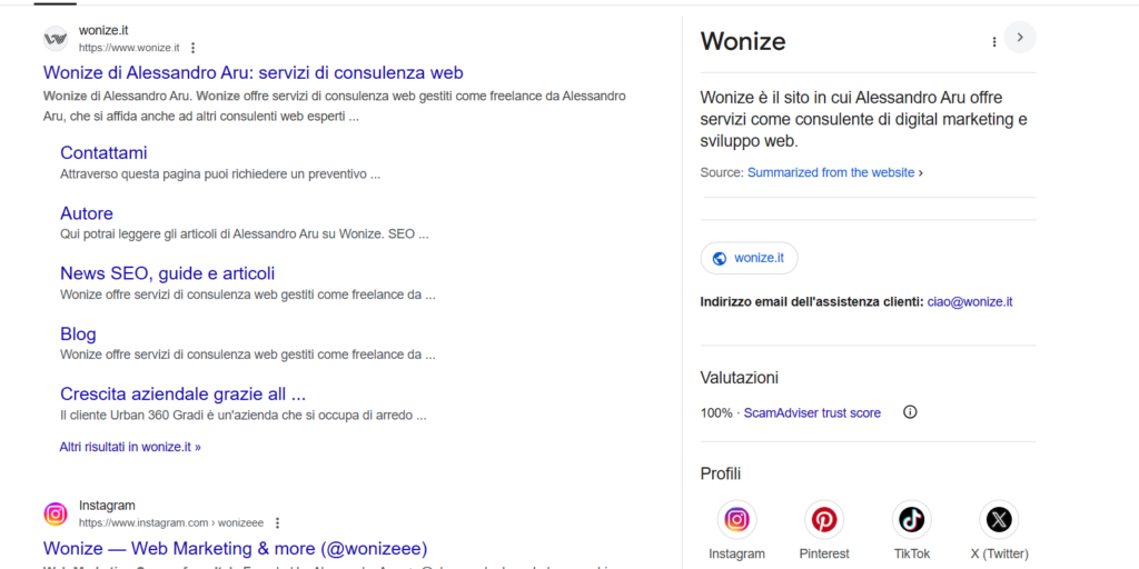 Knowledge Graph Wonize risultato Google